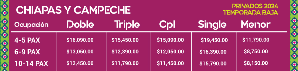 PRECIOS DE PAQUETES PRIVADOS DE VIAJES A CHIAPAS