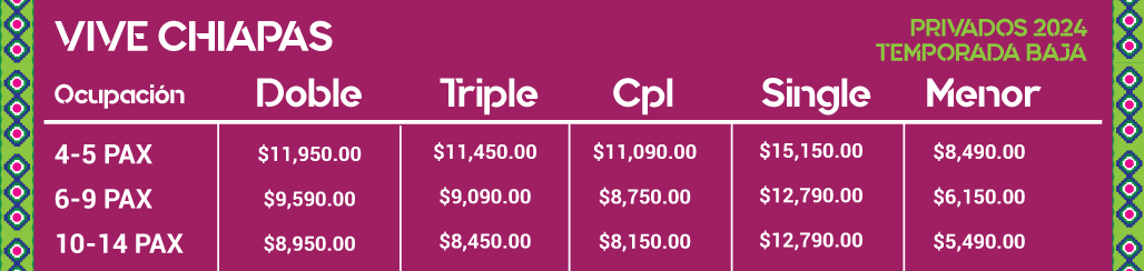 PRECIOS DE PAQUETES PRIVADOS DE VIAJES A CHIAPAS