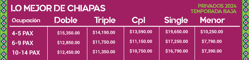 PRECIOS DE PAQUETES PRIVADOS DE VIAJES A CHIAPAS