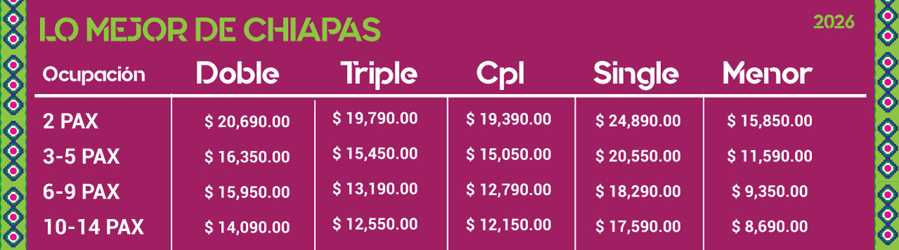 tabla de precios 2026- tour LO MEJOR DE CHIAPAS