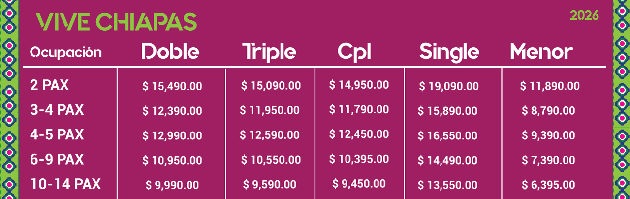 TABLA DE PRECIOS 2026 TOUR VIVE CHIAPAS
