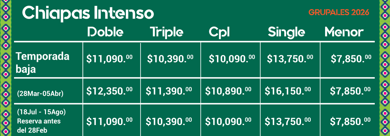PRECIOS TOUR CHIAPAS INTENSO 2026- SENDA MAYA- VIAJES BBB
